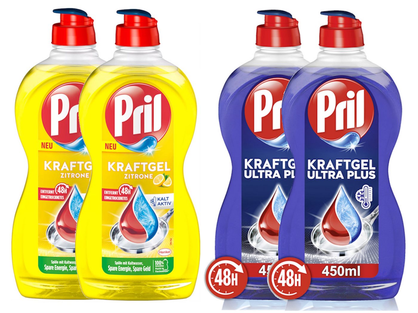 PRIL Kraftgel Ultra Plus & Zitrone 4 x 450ml Geschirrspülmittel (Spar-Set, [4-St. mit höchster Fettlösekraft für sauberes Geschirr) von PRIL