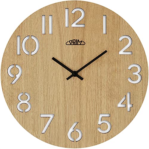 PRIM Authentic Veneer 38cm Wanduhr Holz Made in EU, Wanduhr modern aus Dunklem Holz, Ausgeschnitzte Ziffern, präzises Quarz-Uhrwerk Sweep, für die Küche, Büro oder Wohnzimmer von PRIM