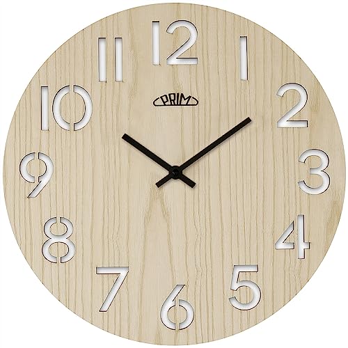 PRIM Authentic 38cm Veneer Wanduhr Holz Made in EU, Wanduhr modern aus Dunklem Holz, Ausgeschnitzte Ziffern, präzises Quarz-Uhrwerk Sweep, für die Küche, Büro oder Wohnzimmer von PRIM