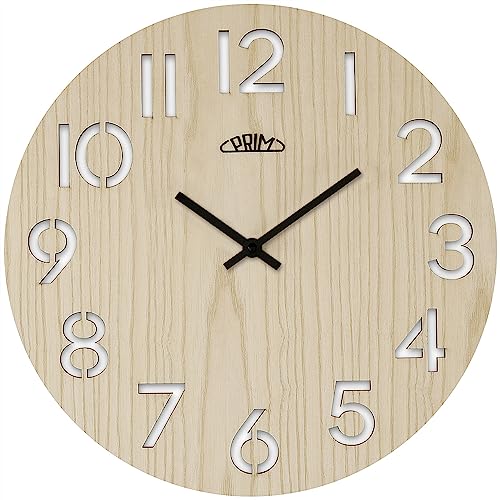 PRIM Authentic 38cm Veneer Wanduhr Holz Made in EU, Wanduhr modern aus Dunklem Holz, Ausgeschnitzte Ziffern, präzises Quarz-Uhrwerk Sweep, für die Küche, Büro oder Wohnzimmer von PRIM