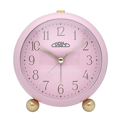 PRIM Candy Pastel Alarm Pink Metal Wecker ohne Ticken, klassischer Wecker analog mit goldenen Zahlen in süßen Pastellfarben, Ideal auch als Vintage Deko von PRIM