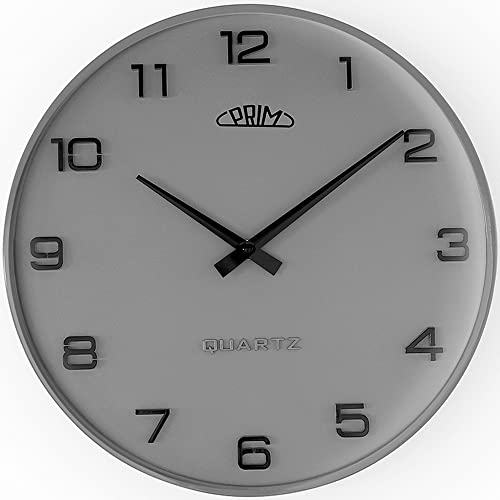 PRIM Design-Kunststoffuhr Bloom II – B, Moderne Wanduhr im Retro Style, Grau, gewölbtes Glas, luxuriöser Look, Quarz-Uhrwerk Sweep, ∅ 345 mm, Wanddeko für Wohnzimmer, Schlafzimmer und alle Räume von PRIM