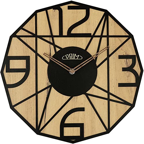 PRIM Glamorous Design Holz Wanduhr, Made in EU, Design-Holzuhr, Helles Holz/Schwarz, Arabische 3D Ziffern, präzises Quarz-Uhrwerk, schöne Wanddeko für die Küche, Büro, Wohnzimmer von PRIM