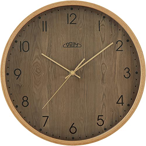 PRIM Holz-Wanduhr in schönen Farben, Braun&Dunkles Holz, Quarz-Uhrwerk Sweep, Glas, Holz, Ø 305x40 mm, Modern Style Wand-Deko Naturmaterial, für Wohnzimmer, Schlafzimmer, Büro, Küche, jeden Raum von PRIM