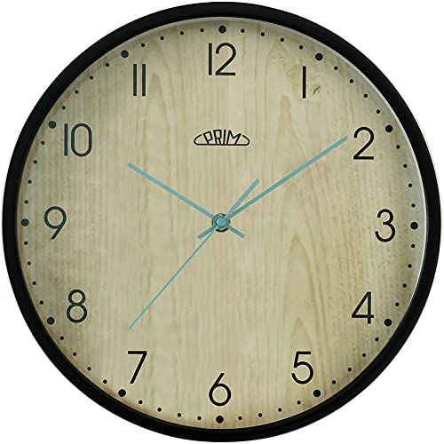 PRIM Holz-Wanduhr in schönen Farben, Schwarz&Helles Holz, Quarz-Uhrwerk Sweep, Glas, Holz, Ø 305x40 mm, Modern Style Wand-Deko Naturmaterial, für Wohnzimmer, Schlafzimmer, Büro, Küche, jeden Raum von PRIM