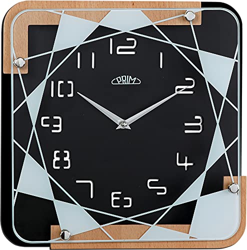PRIM Modern Black Wooden Wall Clock - Wanduhr 30CM, Moderne quadratische Wanduhr. Holzwanduhr mit Mustern auf Glas. von PRIM