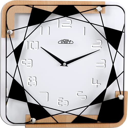 PRIM Modern White Wooden Wall Clock - Wanduhr 30CM, Moderne quadratische Wanduhr. Holzwanduhr mit Mustern auf Glas. Modisch - weiß, braun und schwarz von PRIM