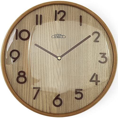 PRIM Natural Veneer Design Holz Wanduhr, Hellbraun, ∅ 320 mm, 3D-Ziffern, Wanddeko aus Holz, gewölbtes Glas, präzises Quarz-Uhrwerk Sweep, für alle Räume: Wohnzimmer, Schlafzimmer, Büro von PRIM