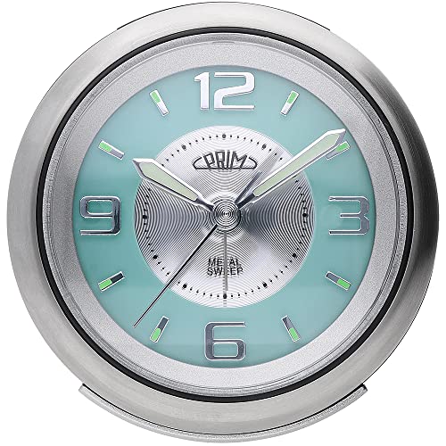 PRIM Steel Wecker Modern Alarm Clock, Metall und Kunststoff, Silber/Blau, LED Nachtlicht, Analog, Quarz-Uhrwerk Sweep, Lauter Alarm, Snooze, Schlummerfunktion Nachttisch Dekoration von PRIM