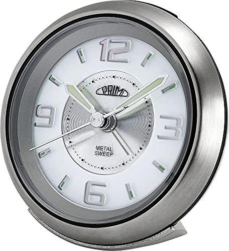 PRIM Steel Wecker Modern Alarm Clock, Metall und Kunststoff, Silber/Weiß, LED Nachtlicht, Analog, Quarz-Uhrwerk Sweep, Lauter Alarm, Snooze, Schlummerfunktion Nachttisch Dekoration von PRIM