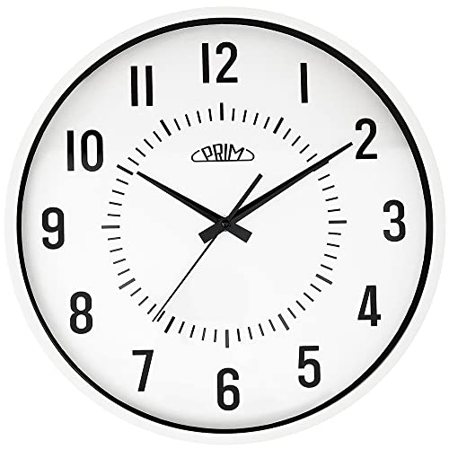 PRIM Trendische Design Wanduhr, Weiß aus Kunststoff, Wanduhr modern in elegantem und schlichtem Design, Quarz-Uhrwerk Sweep, Perfekt als Küchenuhr oder Wanddeko Wohnzimmer, Schlafzimmer, Büro von PRIM
