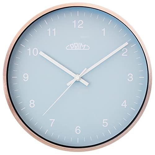 PRIM Design Wanduhr Matt Gloss – A, Hellblau/Rosé Gold, Aluminiumgehäuse, Quarz-Uhrwerk Sweep, schöne Wand-Deko ∅ 294 x 42 mm, Wand-Dekoration für Büro, Wohnzimmer, Schlafzimmer, Küche, jeden Raum von PRIM