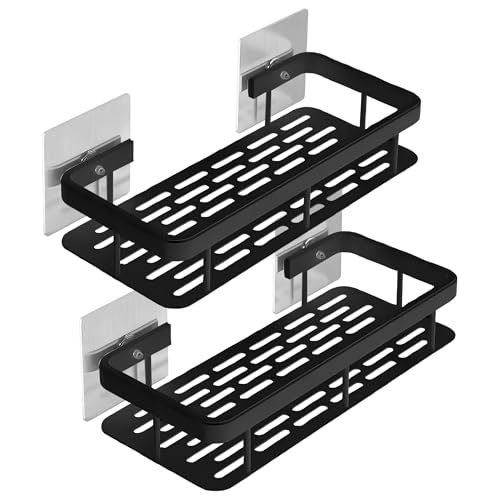 PRIME ESSENTIALS® 2 Stück selbstklebende Badregale ohne Bohren aus schwarzem Aluminium | Duschregal mit Saugnäpfen I Organizer für Dusche Aufkleber I Badzubehör I Badmöbel Aufkleber von PRIME ESSENTIALS