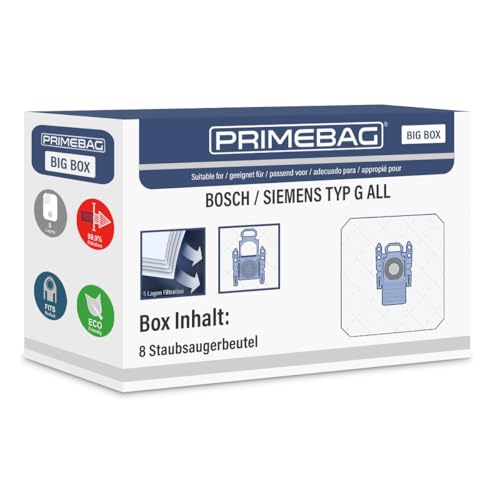 PRIMEBAG - 8 Staubsaugerbeutel kompatibel mit Siemens/Bosch Typ G ALL VZ41FGALL BBZAFGALL - Staubbeutel für Bestleistung beim Saugen von PRIMEBAG