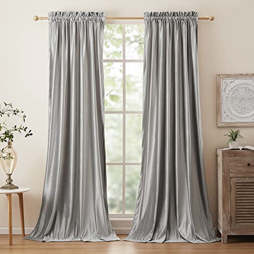 PRIMROSE Silberne Vorhänge 243,8 cm x 132,1 cm für Wohnzimmer und Schlafzimmer, Samt, Silbergrau, 2 Stück, Verdunkelung, Halbraum, Glam, Teilweise gefüttert, Maschinenwäsche von PRIMROSE