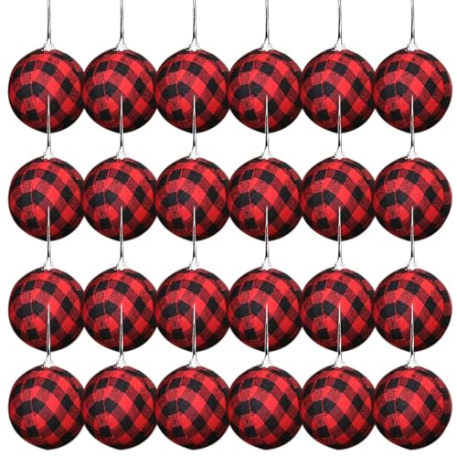Büffel Karierte Stoffbälle, 24 Stück Weihnachtskugel Büffel, verpackte Kugeln zum Aufhängen, Mini-Stoffkugel-Ornament für Feiertagsparty-Versorgung von PRIMUZ