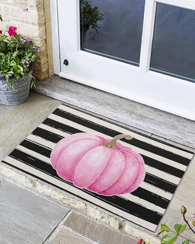 Haustürmatte, rutschfest, saugfähig, Fußmatten für den Innen- und Außenbereich, kleine Teppiche, Herbst-Thanksgiving, schwarz-weiße Streifen, rosa Kürbisse, Fußmatten für Zuhause, 40,6 x 61 cm Haustürmatte, rutschfest, saugfähig, Fußmatten für den Innen- und Außenbereich, kleine Teppiche, Herbst-Thanksgiving, schwarz-weiße Streifen, rosa Kürbisse, Fußmatten für Zuhause, 40,6 x 61 cm von PRINT PICTURE ARTHOME