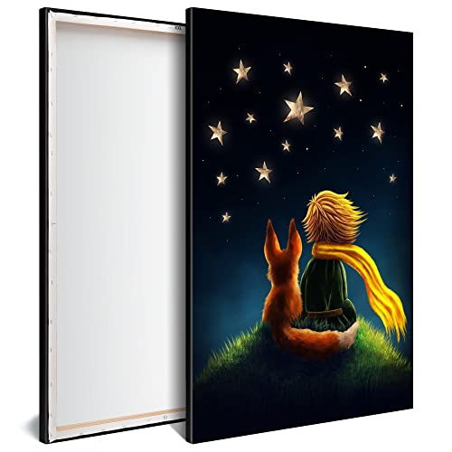 PRINTADECO DST0033 Bild Dekoration für Kinder, 60 x 40 cm, Druck auf HD-Leinwand, dicker Rahmen, XXL, 4 cm, schwarzer Rand, der kleine Prinz und der Fuchs – Antoine de Saint Exupery von PRINTADECO