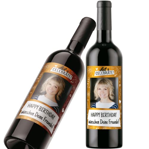 Flaschenetikett personalisiert mit Foto & Text | Premium Aufkleber-Set | Goldeffekt-Folie | Weinflaschen Etikett personalisiert (Layout 4) von PRINTALA
