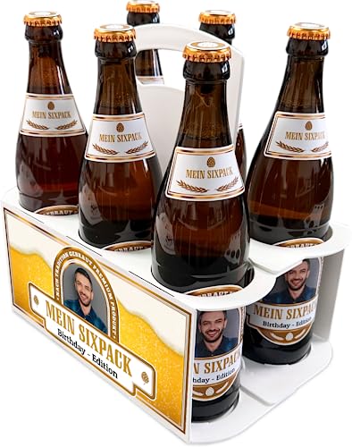 PRINTALA Bierträger + Bieretiketten personalisiert mit Foto & Text | Six-Pack + Aufkleber-Set personalisiert Bedruckt mit Foto & Texten nach Wahl (Gelb) von PRINTALA