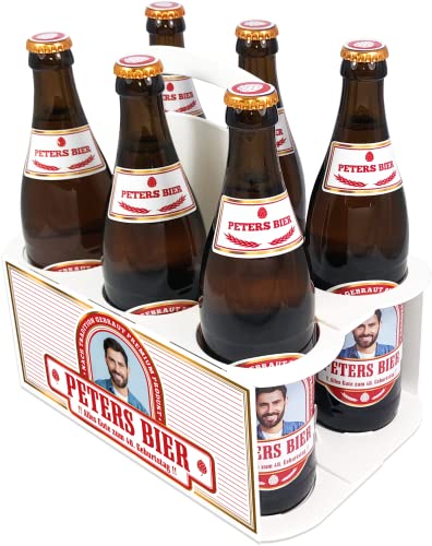 PRINTALA Bierträger + Bieretiketten personalisiert mit Foto & Text | Six-Pack + Aufkleber-Set personalisiert bedruckt mit Foto & Texten nach Wahl (Rot) von PRINTALA