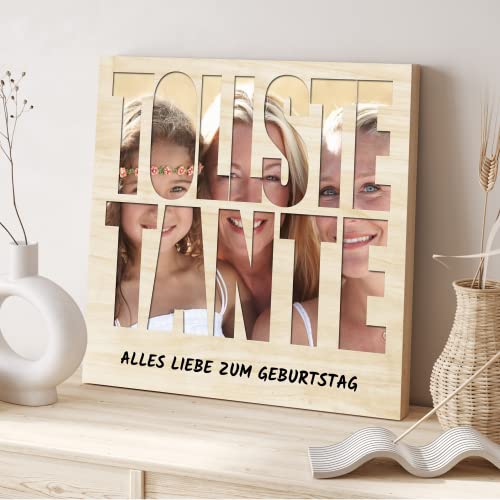 PRINTALA Holzbild personalisiert mit Foto & Text | Fotodruck auf Holz | Holzbild mit Wunschtext | Foto auf Holzplatte | Fotogeschenk (Tante) von PRINTALA