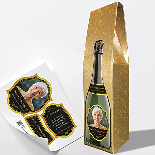 Sektkarton/Champagnerkarton & Flaschenetikett personalisiert mit Foto & Text | Set passend für eine Sekt- oder Champagnerflasche (Layout 1) von PRINTALA