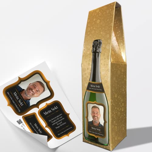 Sektkarton/Champagnerkarton & Flaschenetikett personalisiert mit Foto & Text | Set passend für eine Sekt- oder Champagnerflasche (Layout 2) von PRINTALA