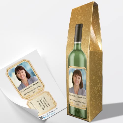 Weinkarton & Weinetikett personalisiert mit Foto & Text | Set passend für eine Weinflasche (Weißwein/Grün) von PRINTALA