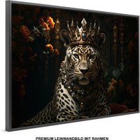 Leopardenkönig Mit Königskrone , Tier Wandbild Premium Leinwand Rahmen Xxl 120 X 80 cm Modern Kunstdruck Wand Art , Home Dekoration von PRINTEXSTAR