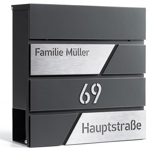 Design Anthrazit Briefkasten mit Hausnummer & Ihre Namen Gravur Personalisiert, Wandbriefkasten mit Extra Zeitungsfach, Groß 37x37x11cm, Rostfrei und UV-beständig Verzinkter Stahl, Silber von PRINTIMA