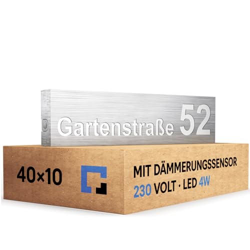 Led Beleuchtung Hausnummer Silber | 40x10cm | Gravur Personalisiert | Input led 230V | Energieeffiziente LED | Sehr Strapazierfähiges Dibond-Material | Dämmerungsschalter | Printima von PRINTIMA