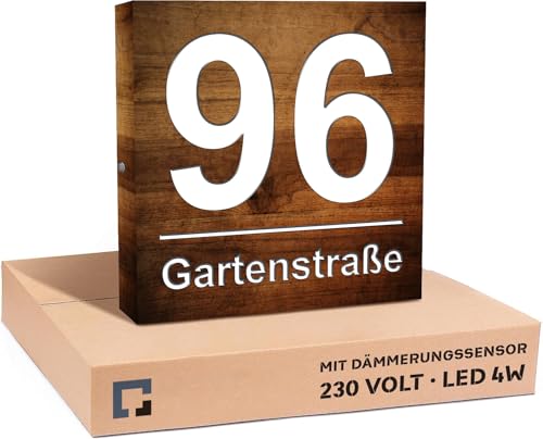 PRINTIMA Premium Gravur Personalisierter Hausnummer Anthrazit Beleuchtet Led Strom 230V, Hausnummernschild mit Dämmerungssensor |30x30cm, 4W/A+++| Wasserdicht, Dunkle Walnuss Holz PRINTIMA Premium Gravur Personalisierter Hausnummer Anthrazit Beleuchtet Led Strom 230V, Hausnummernschild mit Dämmerungssensor |30x30cm, 4W/A+++| Wasserdicht, Dunkle Walnuss Holz von PRINTIMA