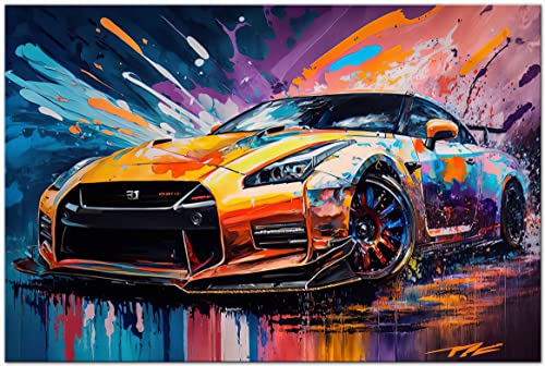 PRINTONIA Bild auf Leinwand 120x80 cm Nissan GTR GT-R Abstrakt Art Auto Sportwagen Automobil Bilder Dekoration Wandbild Kunstdruck von PRINTONIA