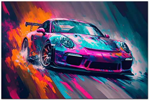 PRINTONIA Bild auf Leinwand 120x80cm Porsche 911 GT3 Abstrakt Art Sportwagen Automobil Bilder Deko Dekoration Wandbild Kunstdruck von PRINTONIA