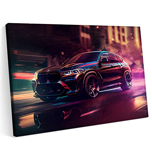 PRINTONIA Bilder Leinwandbild 120x80cm BMW X6 M Competition Sportwagen Night City SUV von PRINTONIA