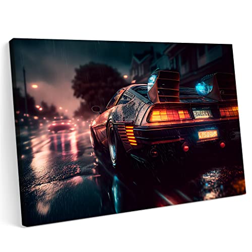 Printonia Bilder Leinwandbild 120x80cm DeLorean Car Classic Zurück in die Stadt der Zukunft Neon Tuning von Printonia