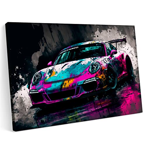 PRINTONIA Bilder Leinwandbild 120x80cm Porsche 911 GT3 Car Sport Abstract Neon Art Art.-Nr von PRINTONIA