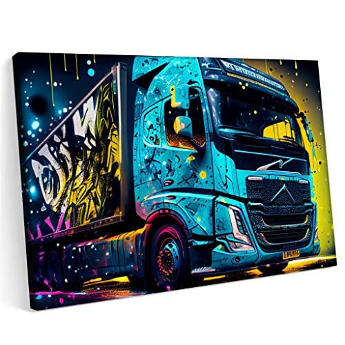 PRINTONIA Bilder Leinwandbild 120x80cm Volvo TIR LKW Truck Abstract Neon Art von PRINTONIA