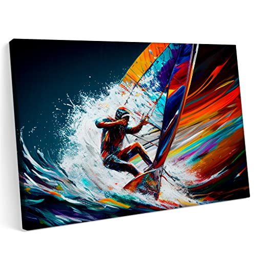 PRINTONIA Bilder Leinwandbild 120x80cm Windsurfen Wasser Meer Ozean Segeln Sport Gesundheit Abstrakte Kunst von PRINTONIA