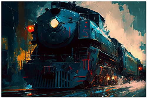 PRINTONIA Leinwand-bild 120x80cm Dampflokomotive Lokomotive Dampflok Bahn Abstrakt Eisenbahn Dampfross Art Bilder Dekoration Wandbild Kunstdruck von PRINTONIA