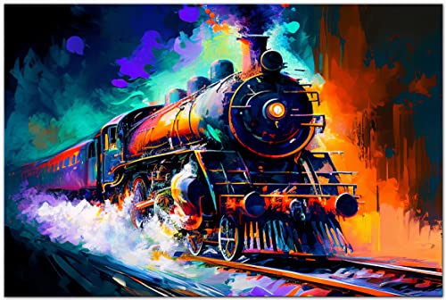 PRINTONIA Leinwand-bild 120x80cm Dampflokomotive Lokomotive Dampflok Bahn Abstrakt Eisenbahn Dampfross Art Bilder Dekoration Wandbild Kunstdruck von PRINTONIA