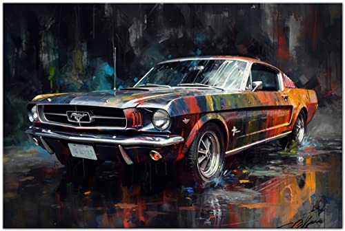 PRINTONIA Leinwand-bild 120x80cm Ford Mustang Shelby Oldtimer Sportwagen Abstrakt Art Bilder Dekoration Wandbild Kunstdruck Automobil Deko von PRINTONIA