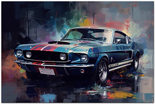 PRINTONIA Leinwand-bild 120x80cm Ford Mustang Shelby Oldtimer Sportwagen Abstrakt Art Bilder Dekoration Wandbild Kunstdruck Automobil Deko von PRINTONIA