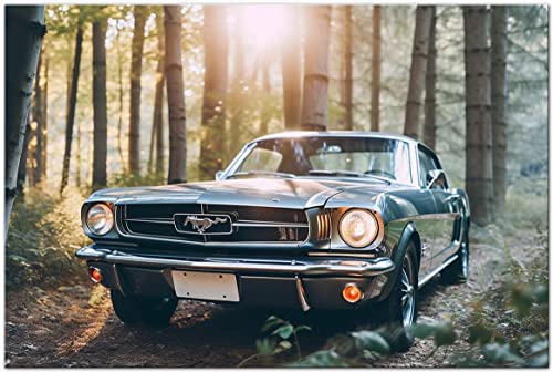 PRINTONIA Leinwand-bild 120x80cm Ford Mustang im Wald Oldtimer Sportwagen im Wald Abstrakt Art Bilder Dekoration Wandbild Kunstdruck Automobil Deko von PRINTONIA