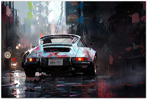 PRINTONIA Leinwand-bild 120x80cm Porsche 911 Carrera Classic Sportwagen Abstrakt Anime Art Bilder Dekoration Wandbild Kunstdruck Automobil Deko von PRINTONIA