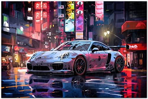 PRINTONIA Leinwand-bild 120x80cm Porsche 911 GT3 Need for speed Sportwagen GTA Abstrakt Anime Art Bilder Dekoration Wandbild Kunstdruck Automobil Deko von PRINTONIA