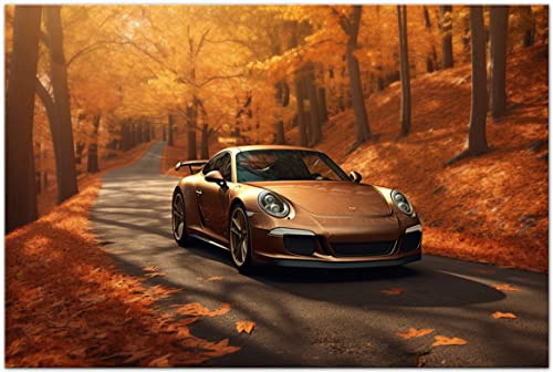 PRINTONIA Leinwand-bild 120x80cm Porsche 911 GT3 im Wald Classic Sportwagen Abstrakt Anime Art Bilder Dekoration Wandbild Kunstdruck Automobil Deko von PRINTONIA