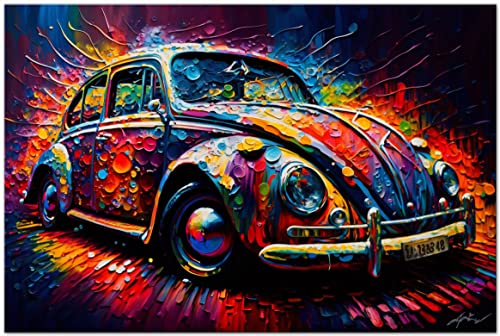 PRINTONIA Leinwand-bild 120x80cm Volkswagen VW Käfer Oldtimer Abstrakt Grafik Art Automobil Bilder Deko Dekoration Wandbild Kunstdruck von PRINTONIA