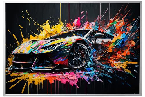 PRINTONIA Leinwand-bild 140x100cm Lamborghini Abstrakt Art Sportwagen Bilder Dekoration Wandbild Kunstdruck Automobil Deko Silber Aluminiumrahmen von PRINTONIA